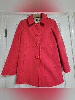 J.crew Women's Hot Pink Wool Coat With Large Buttons Pleated Back Size 4P.